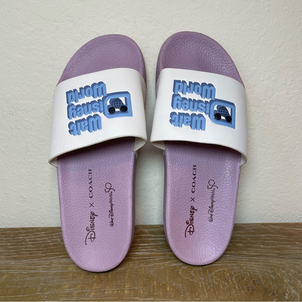 Coach Disney Slides with Walt Disney World logo Purple & White Womens Size 8